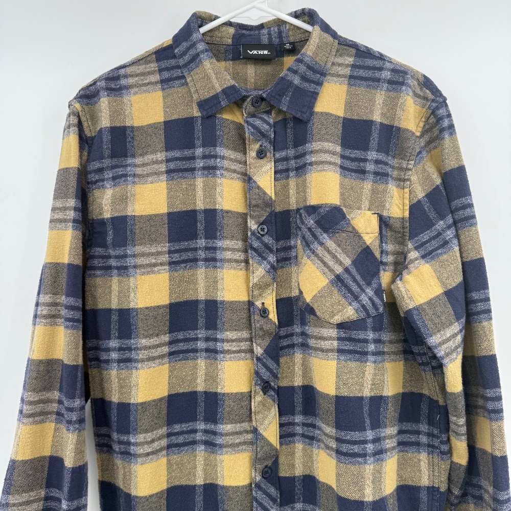 Vans Shirt Men Medium Yellow Blue Plaid Flannel Long Sleeve Button Up Cotton - Picture 4 of 12